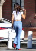 Eiza Gonzalez flashes her toned midriff in a white crop top and tight jeans  while making