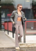 Hailey Bieber shows off her toned midriff in a crop top and flared