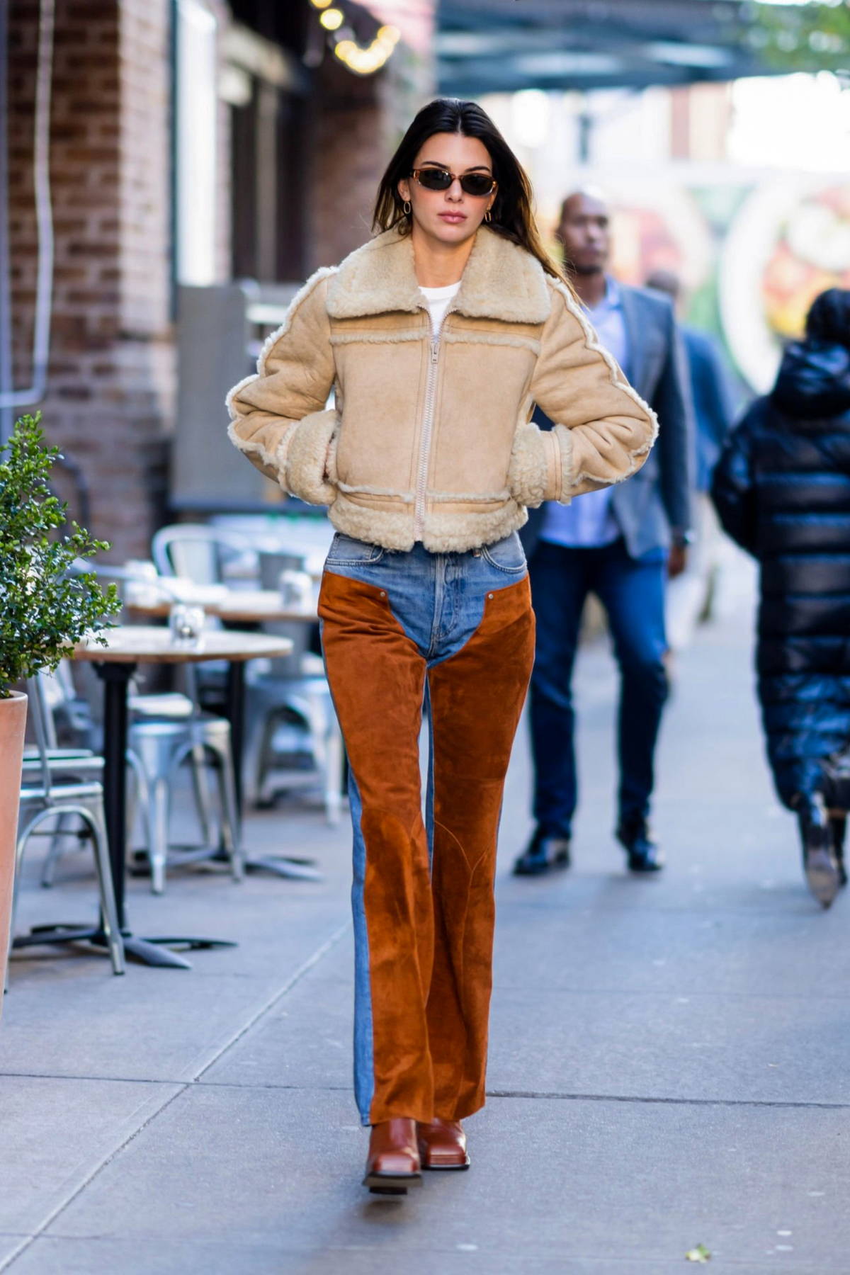 Kendall Jenner rocks a cowboy jeans with shearling lined jacket while out  to lunch at Bar