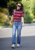 Olivia Wilde wears a colorful striped top and jeans as she leaves a meeting in Los Angeles