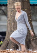 Aubrey Plaza is stunning in gray dress with plunging neckline as she shoots  scene for Megalopolis