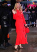 Hilary Duff stands out in bright red dress while visiting 'Good Morning America' in New York City