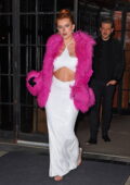 Bella Thorne looks pretty in a pink fur coat while stepping out for Valentine's Day dinner with beau Mark Emms in New York City