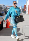 Jennifer Lopez sports a blue sweater and patterned leggings as she arrives at her dance rehearsal in Los Angeles