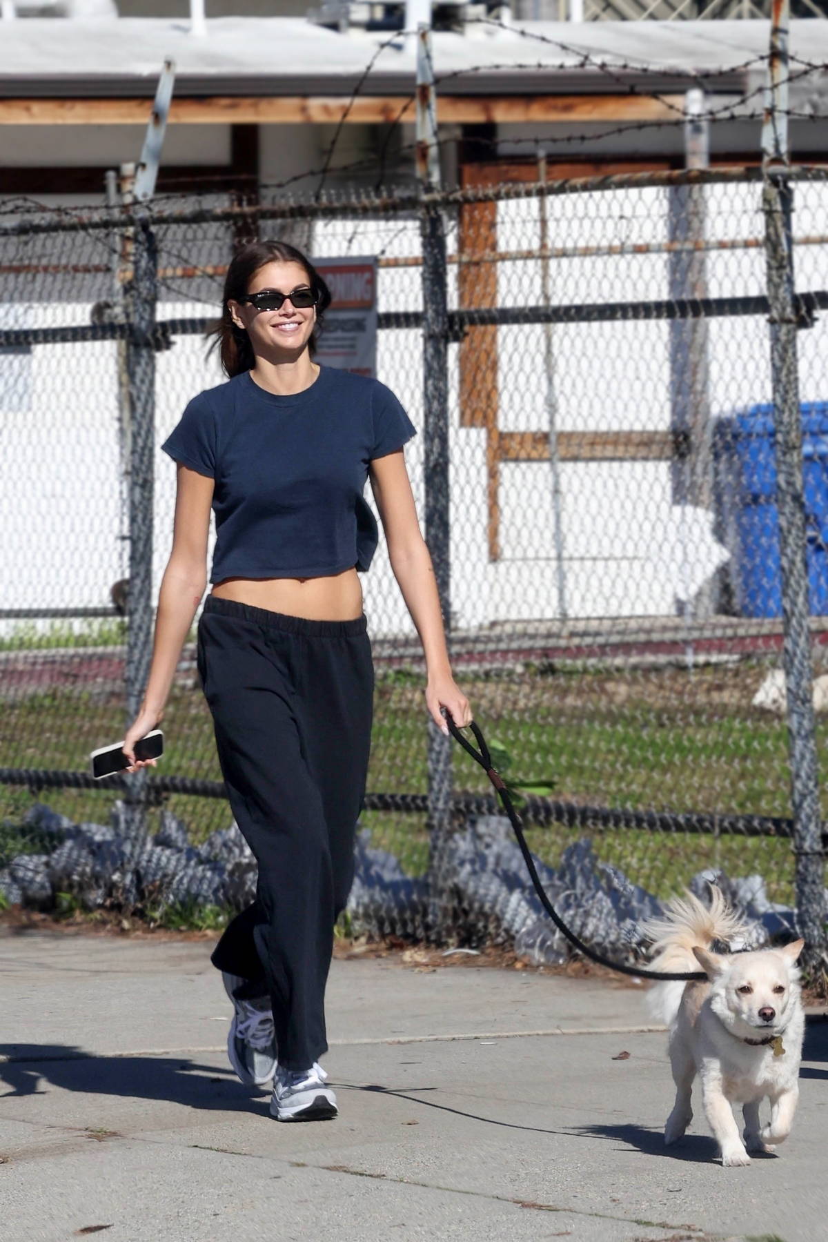 kaia gerber is all smiles while out for a walk with her dog and a ...