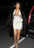 Rihanna looks smashing in a white mini dress while out to celebrate her 35th birthday with ASAP Rocky in Santa Monica, California