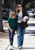 Jennifer Garner looks good in a blazer and jeans while taking her son to an after-school Art Class in Santa Monica, California