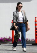 Lucy Hale is casually chic in a grey blazer paired with a white tee and blue jeans while out in Los Angeles