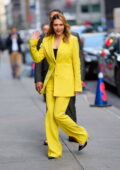 Elizabeth Olsen rocks bright yellow pantsuit as she arrives at 'The Late Show With Stephen Colbert' in New York City