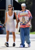 Hailey Bieber rocks a white see-through slip dress while stepping out with Justin Bieber in West Hollywood, California