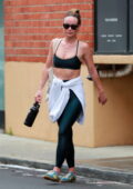 Olivia Wilde wears a teal-green sports bra and leggings with a Gucci  sweater while attending her daily workout in Studio City,  California-210423_13