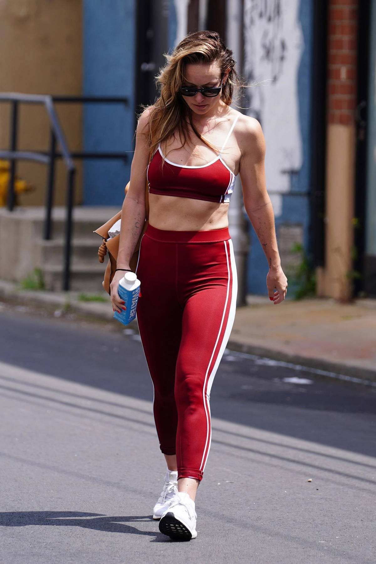 Olivia Wilde looks incredible in a red sports bra with matching leggings  while leaving the gym in Studio City, California-180423_15