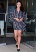 Vanessa Hudgens looks stylish in a plaid mini dress as she heads to 'The Drew Barrymore Show' in New York City