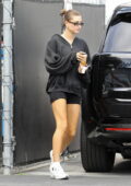 Hailey Bieber shows off her slender legs in black spandex shorts while out for a Pilates class in Los Angeles