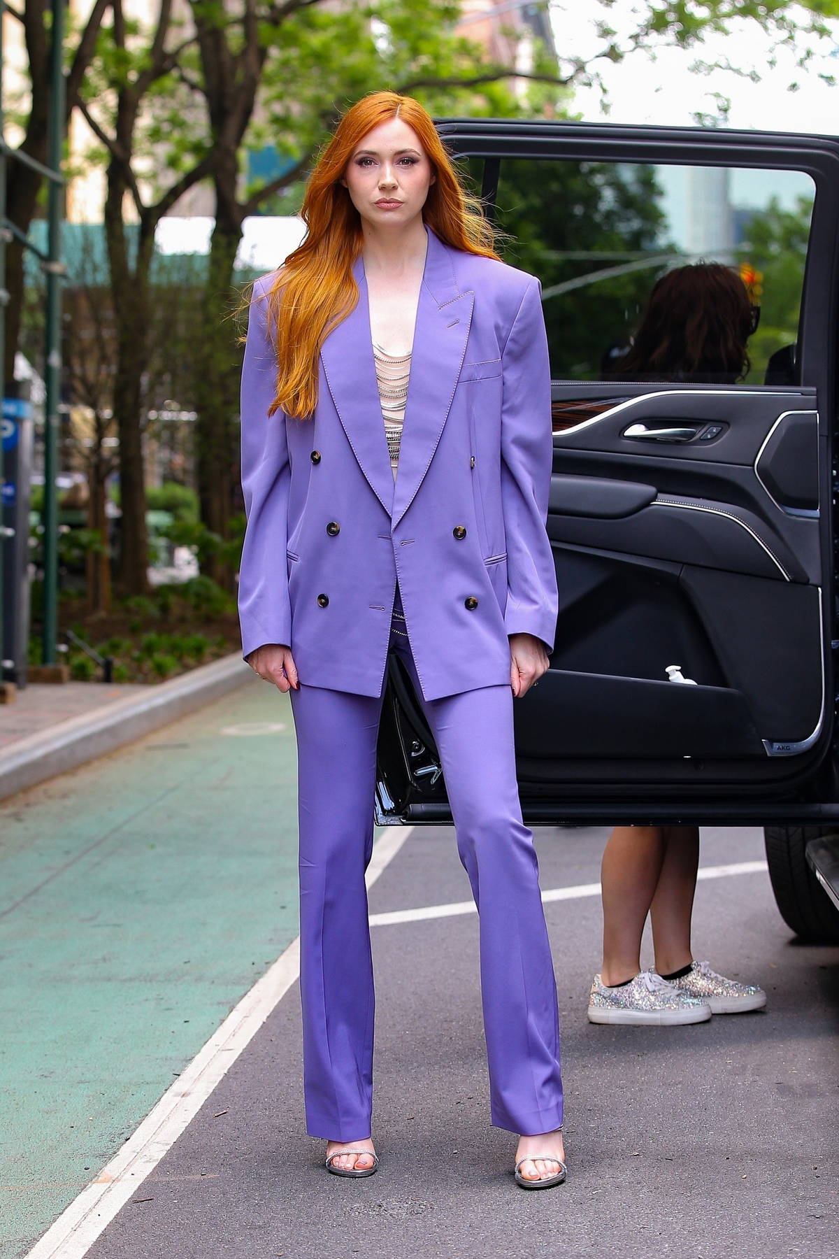 Karen Gillan looks striking in a purple pantsuit while visiting 'Watch What  Happens Live With Andy