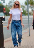 Pamela Anderson keeps it simple with a white tee and baggy jeans while out at the Malibu Country Mart, California
