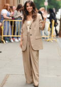 Eva Longoria changes her beige pantsuit to pink while visiting 'The View' in New York City