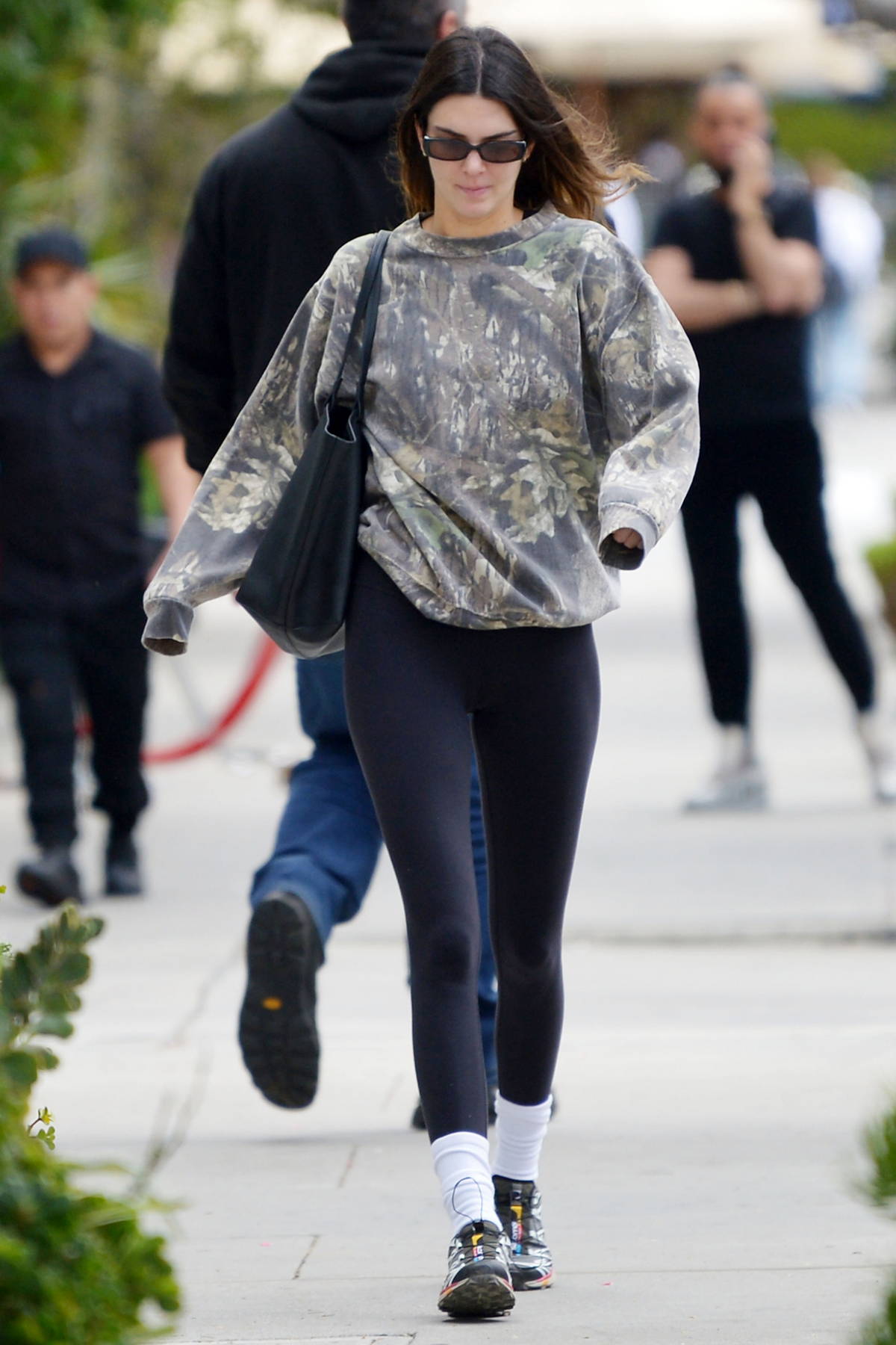 Kendall Jenner Is Sporty in Nike Hoodie, nike free rn earth camo pack shoes  for girls women, Leggings & White Sneakers