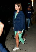 Katharine McPhee wears a mint green dress and denim jacket for a dinner outing at Craig's in West Hollywood, California