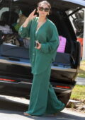Shay Mitchell wears a green outfit while she grabs a coffee before hitting the road for vacation, Los Feliz, California