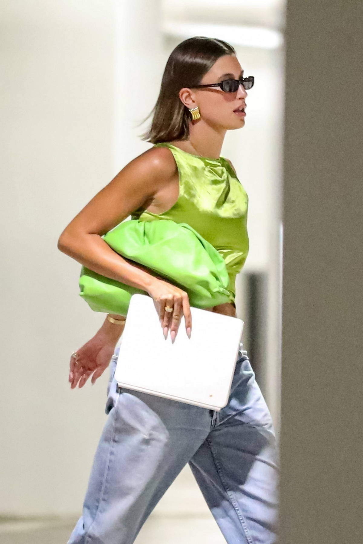 Hailey Bieber Steps Out in Neon Green Prada Crop Top in Beverly Hills