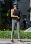 Jennifer Garner shows off her athletic physique in a tank top and grey leggings during an intense running session in Brentwood, California