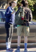 Jennifer Garner sports a blue hoodie and camo leggings while she drops off her daughter at the bus stop in Brentwood, California