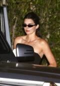 Kendall Jenner looks stylish in a black strapless dress while leaving a party at Soho House in Malibu, California