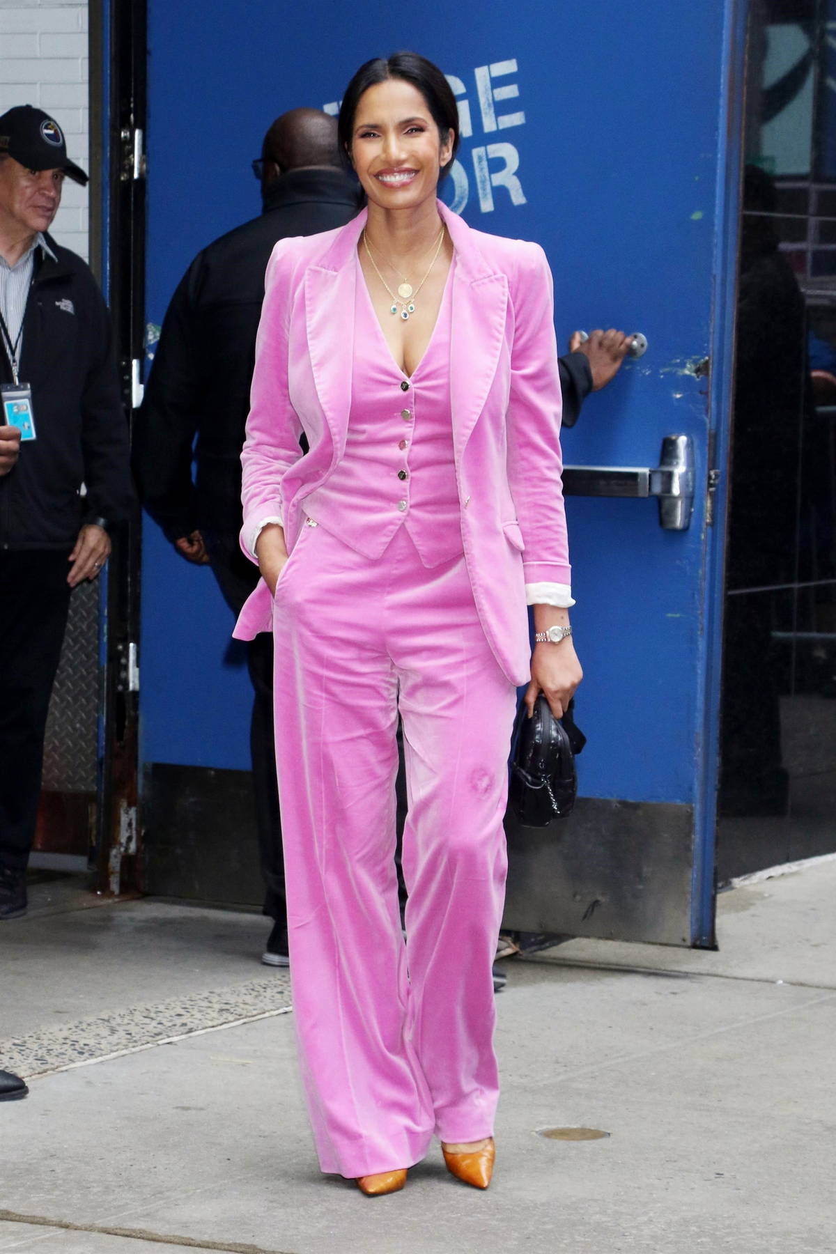 Padma Lakshmi dazzles in pink pantsuit while leaving 'Good Morning America'  Studios in New York City