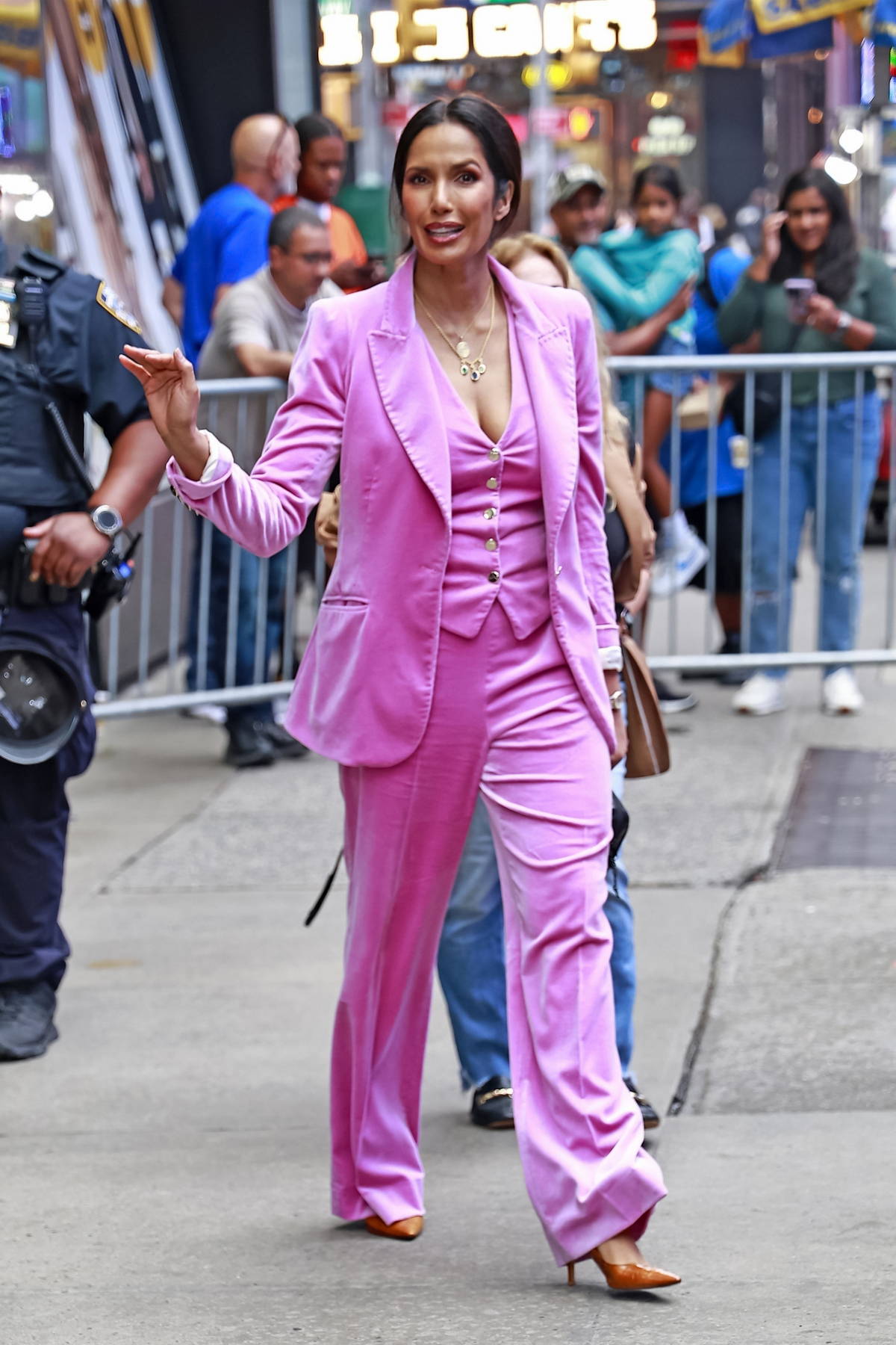 Padma Lakshmi dazzles in pink pantsuit while leaving 'Good Morning America'  Studios in New York City