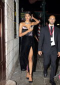 Neelam Gill looks gorgeous in a strapless top and thigh-slit black skirt during a night out at Harrys Bar in Venice, Italy