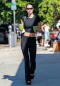 Amelia Hamlin flashes her rock-hard abs in a black crop top while she grabs some matcha in West Hollywood, California