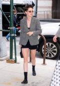 Kristen Stewart rocks patterned blazer with black shorts during a promo run in New York City