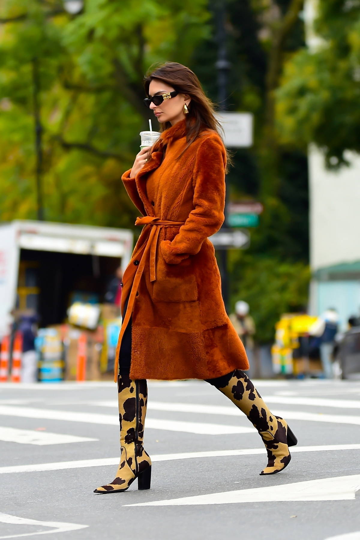 Emily Ratajkowski showcases her autumn look in a burnt-orange coat paired  with cow-print boots during a coffee run in New York City-091123_11