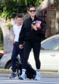 Jennifer Garner is all smiles while stepping out in a black jacket and leggings as she takes her son to school in Brentwood, California