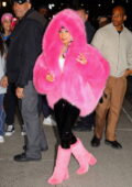 Nicki Minaj dons bright pink fur coat with matching fuzzy boots while arriving at 'The Late Show with Stephen Colbert' in New York City