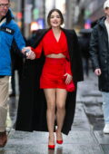 Lucy Hale looks striking in a red mini dress with matching pumps while leaving the CBS Morning show in New York City