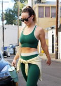 Olivia Wilde wears a teal-green sports bra and leggings with a Gucci  sweater while attending her daily workout in Studio City,  California-210423_13