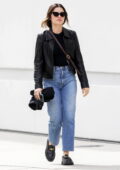 Lucy Hale rocks a leather jacket and jeans while grabbing some lunch to-go at Catch Steak in West Hollywood, California