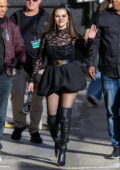 Selena Gomez looks stunning in a black mini dress and thigh-high leather boots while visiting 'Jimmy Kimmel Live!' in Hollywood, California