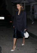 Jessica Alba looks stylish in a pinstripe blazer over a satin blue dress during a dinner outing at Mr. Chow in Beverly Hills, California