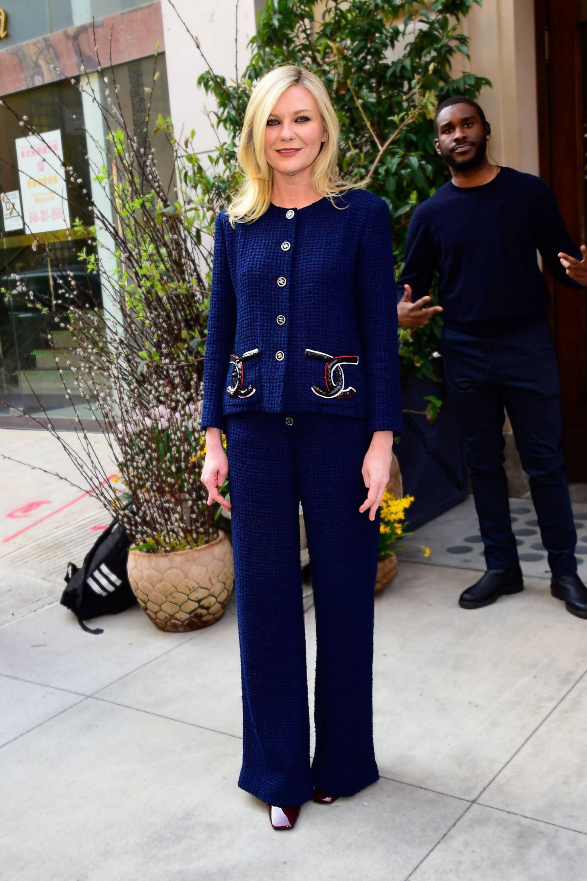 Kirsten Dunst wears a blue outfit while heading out for 'The Late Night with Seth Meyers' in New York City