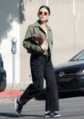 Lucy Hale wears a cropped green jacket and black trousers while stepping out for breakfast at All Time in Los Feliz, California