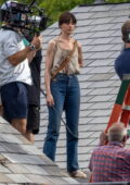 Anne Hathaway spotted filming an intense action scene on a rooftop for 'Flowervale Street' in Atlanta, Georgia