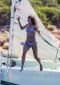 Eiza Gonzalez stuns in a blue bikini during a yacht day while vacationing in Ibiza, Spain