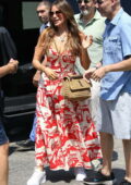 Sofia Vergara looks lovely in a red and white patterned dress during a lunch outing with friends at the Alpemare beach in Forte dei Marmi, Italy