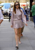 Elizabeth Olsen looks stylish in a patterned pink mini dress as she heads out to the 'Today' show in New York City