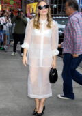 Kristen Bell looks great in a white sheer outfit while promoting 'Nobody Wants This' on 'Good Morning America' to in New York City