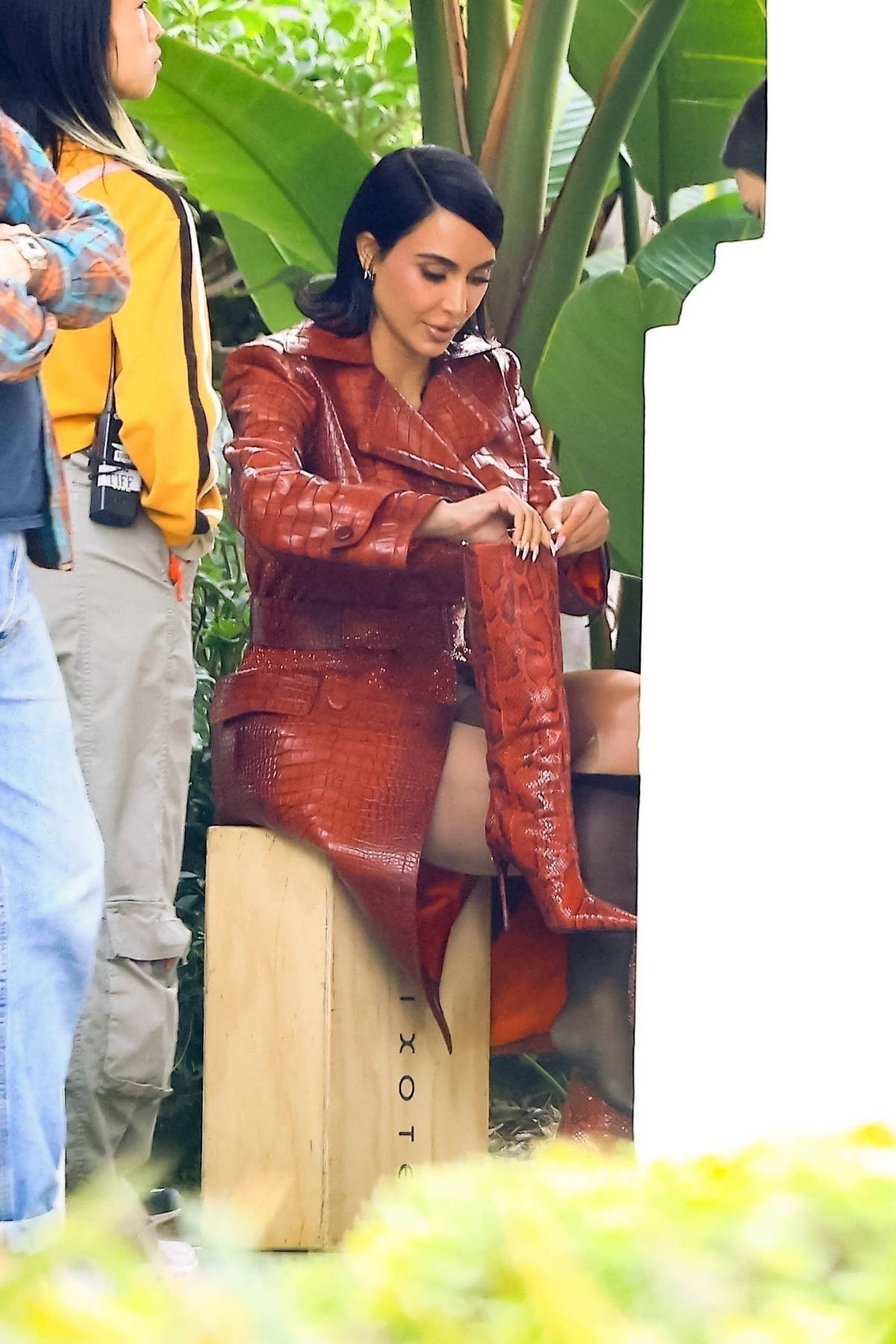 Kim Kardashian spotted in red leather ensemble while filming a scene for "All's Fair" with Naomi Watts in Camarillo, California