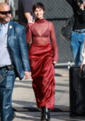 Naomi Scott looks stylish in a maroon outfit as she arrives for an appearance on 'Jimmy Kimmel Live!' in Hollywood, California